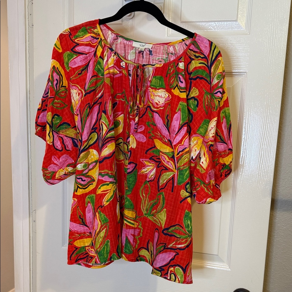 Easel Red Floral Tie-Front Peasant Blouse